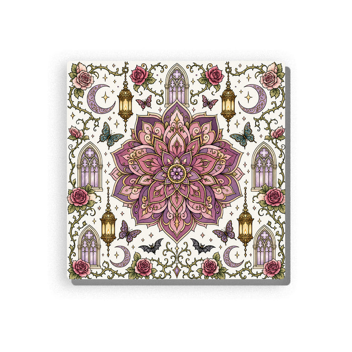 Gothic mandala with plum, lavender, dusty rose, sage, and cream petals, surrounded by roses, butterflies, lanterns, crescent moons, black bats, keys, and gothic castle details, Paint by Numbers kit for adults by PaintEasy.