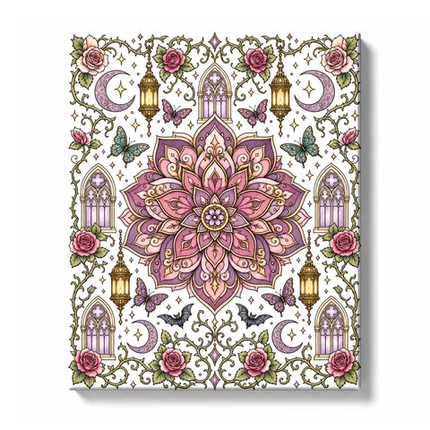 Gothic mandala with plum, lavender, dusty rose, sage, and cream petals, surrounded by roses, butterflies, lanterns, crescent moons, black bats, keys, and gothic castle details, Paint by Numbers kit for adults by PaintEasy.