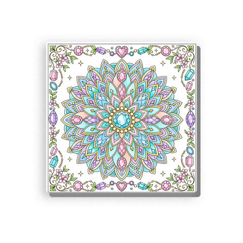 Gemstone mandala with aqua, turquoise, pink, lavender, and cream petals, surrounded by crystals, heart-shaped gems, delicate flowers, and decorative vine accents, Paint by Numbers kit for adults by PaintEasy.