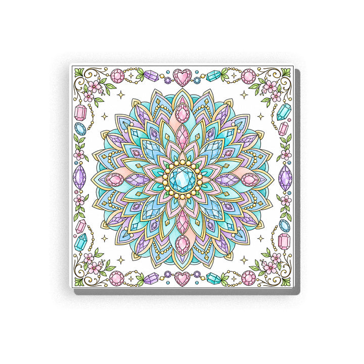Gemstone mandala with aqua, turquoise, pink, lavender, and cream petals, surrounded by crystals, heart-shaped gems, delicate flowers, and decorative vine accents, Paint by Numbers kit for adults by PaintEasy.