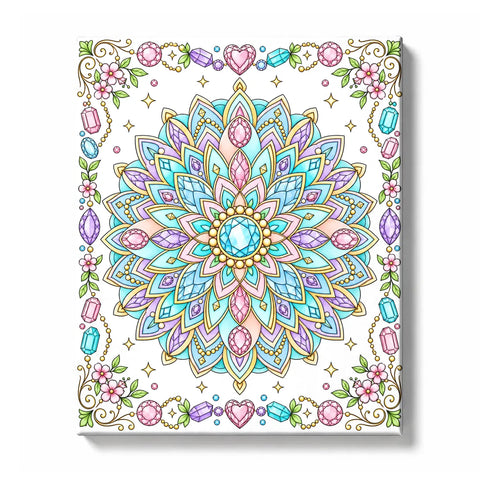 Gemstone mandala with aqua, turquoise, pink, lavender, and cream petals, surrounded by crystals, heart-shaped gems, delicate flowers, and decorative vine accents, Paint by Numbers kit for adults by PaintEasy.
