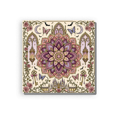 Gothic rose mandala with purple layered petals, castle spires, crescent moons, butterflies, lanterns, keys, pink roses, arched windows, black bats, and ornate line art details, Paint by Numbers kit by PaintEasy.