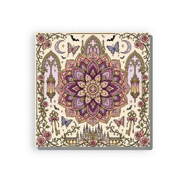 Gothic rose mandala with purple layered petals, castle spires, crescent moons, butterflies, lanterns, keys, pink roses, arched windows, black bats, and ornate line art details, Paint by Numbers kit by PaintEasy.