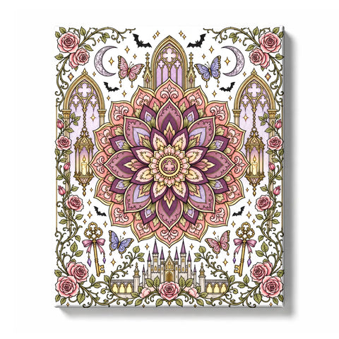 Gothic rose mandala with purple layered petals, castle spires, crescent moons, butterflies, lanterns, keys, pink roses, arched windows, black bats, and ornate line art details, Paint by Numbers kit by PaintEasy.