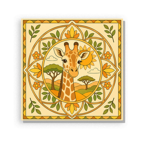 Inner Radiance giraffe mandala with golden sun, botanical leaves, acacia trees and symmetrical nature-inspired pattern Paint by Numbers artwork by PaintEasy