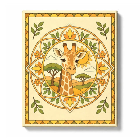 Inner Radiance giraffe mandala with golden sun, botanical leaves, acacia trees and symmetrical nature-inspired pattern Paint by Numbers artwork by PaintEasy