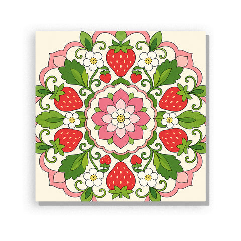 Strawberry flower mandala with red strawberries, pink petals, white blossoms, green leaves and symmetrical botanical pattern Paint by Numbers artwork by PaintEasy