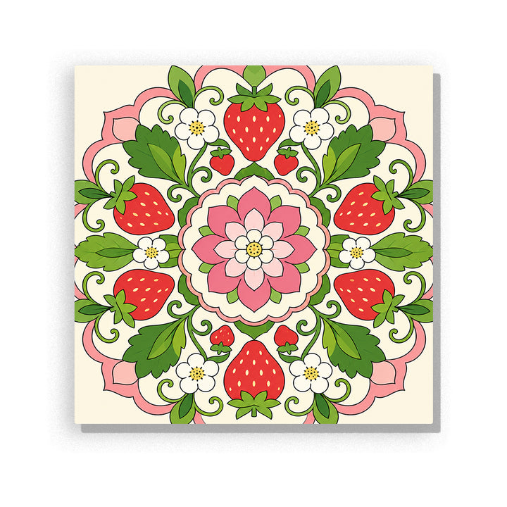 Strawberry flower mandala with red strawberries, pink petals, white blossoms, green leaves and symmetrical botanical pattern Paint by Numbers artwork by PaintEasy
