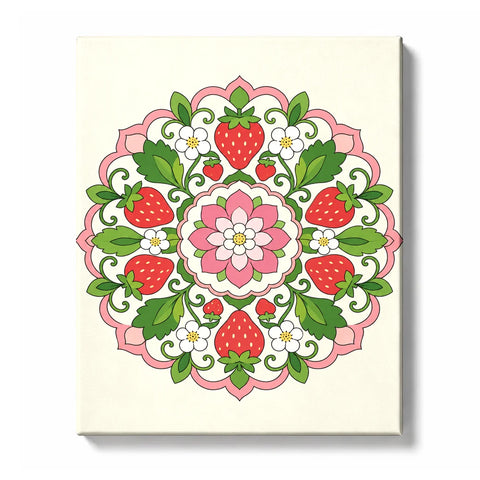 Strawberry flower mandala with red strawberries, pink petals, white blossoms, green leaves and symmetrical botanical pattern Paint by Numbers artwork by PaintEasy