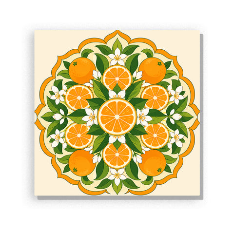 Golden ratio citrus mandala with fresh oranges, orange blossoms, green leaves and symmetrical botanical pattern Paint by Numbers artwork by PaintEasy