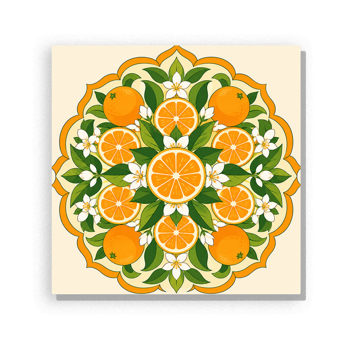 Golden ratio citrus mandala with fresh oranges, orange blossoms, green leaves and symmetrical botanical pattern Paint by Numbers artwork by PaintEasy