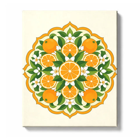 Golden ratio citrus mandala with fresh oranges, orange blossoms, green leaves and symmetrical botanical pattern Paint by Numbers artwork by PaintEasy