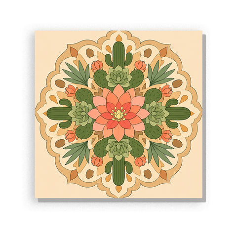 Desert cactus flower mandala with succulents, green cactus plants, coral flower and symmetrical botanical pattern Paint by Numbers artwork by PaintEasy