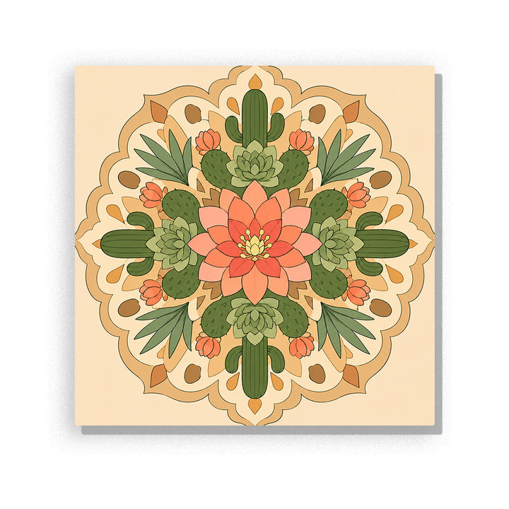 Desert cactus flower mandala with succulents, green cactus plants, coral flower and symmetrical botanical pattern Paint by Numbers artwork by PaintEasy