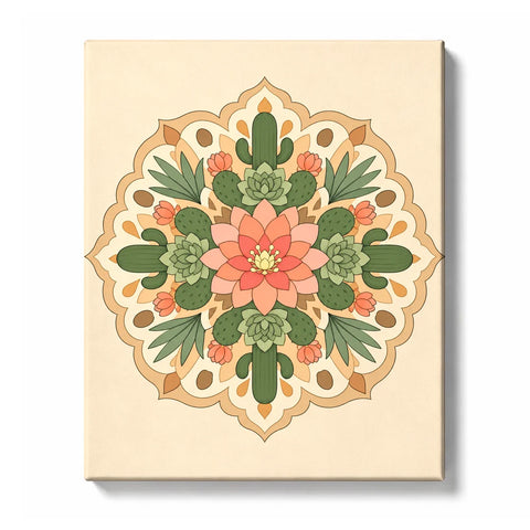 Desert cactus flower mandala with succulents, green cactus plants, coral flower and symmetrical botanical pattern Paint by Numbers artwork by PaintEasy