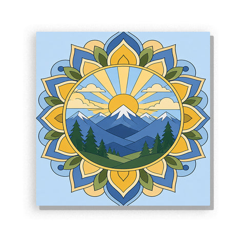 Mountain landscape mandala with golden sun, snow peaks, evergreen forest, blue mountains and symmetrical nature pattern Paint by Numbers artwork by PaintEasy