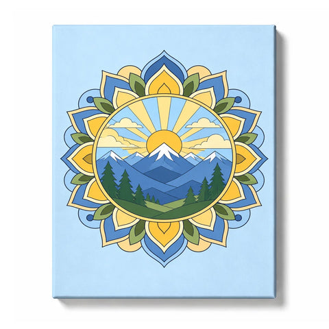 Mountain landscape mandala with golden sun, snow peaks, evergreen forest, blue mountains and symmetrical nature pattern Paint by Numbers artwork by PaintEasy