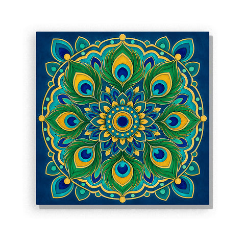 Peacock feather mandala with emerald green, deep blue and gold symmetrical pattern Paint by Numbers artwork by PaintEasy