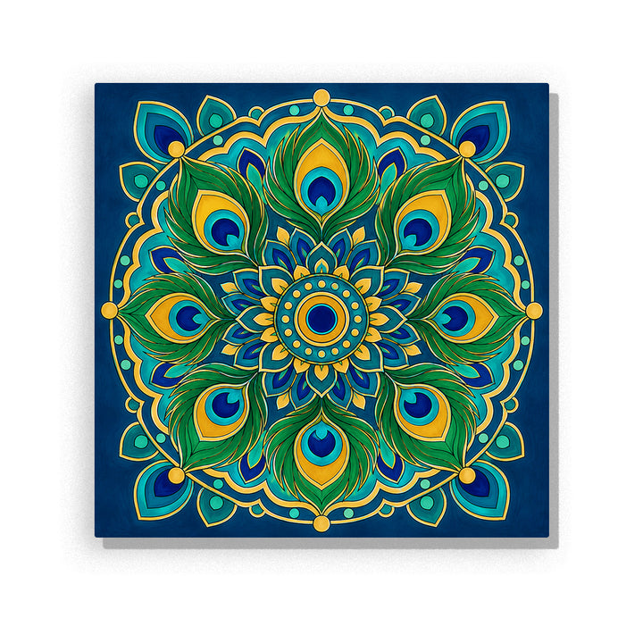 Peacock feather mandala with emerald green, deep blue and gold symmetrical pattern Paint by Numbers artwork by PaintEasy