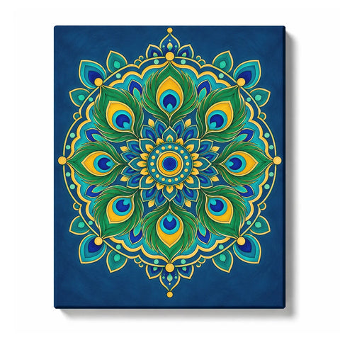 Peacock feather mandala with emerald green, deep blue and gold symmetrical pattern Paint by Numbers artwork by PaintEasy