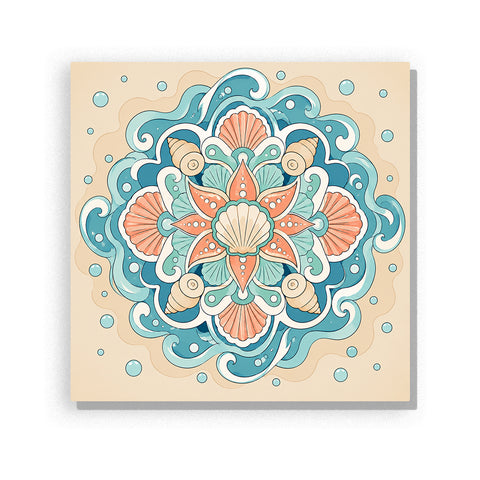 Ocean shell mandala with seashells, coral patterns, turquoise waves and symmetrical marine design Paint by Numbers artwork by PaintEasy