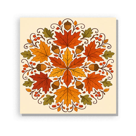 Autumn maple leaf mandala with acorns, berries, botanical patterns and symmetrical fall foliage design Paint by Numbers artwork by PaintEasy