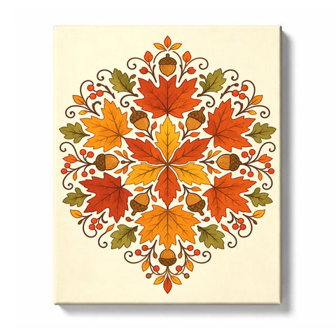 Autumn maple leaf mandala with acorns, berries, botanical patterns and symmetrical fall foliage design Paint by Numbers artwork by PaintEasy