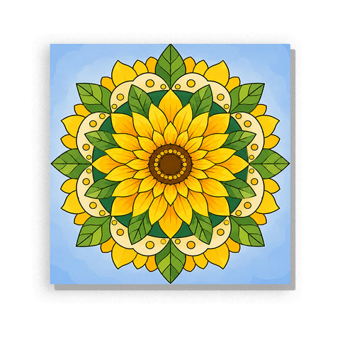 Golden sunflower mandala with green leaves, botanical patterns and symmetrical floral design Paint by Numbers artwork by PaintEasy