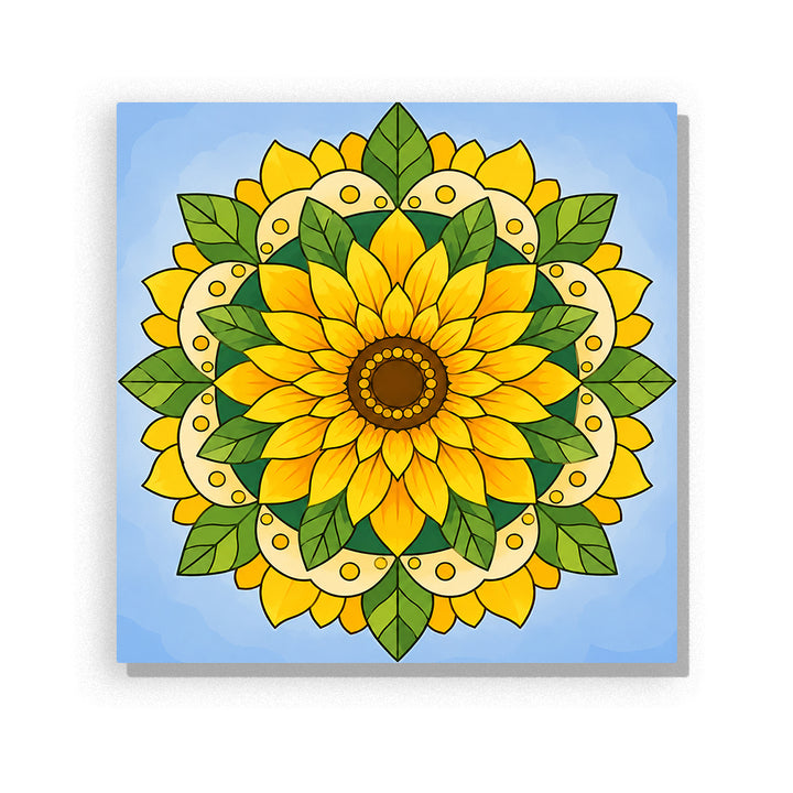 Golden sunflower mandala with green leaves, botanical patterns and symmetrical floral design Paint by Numbers artwork by PaintEasy