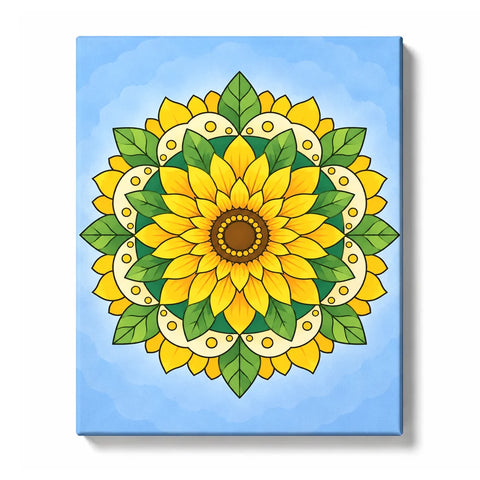 Golden sunflower mandala with green leaves, botanical patterns and symmetrical floral design Paint by Numbers artwork by PaintEasy