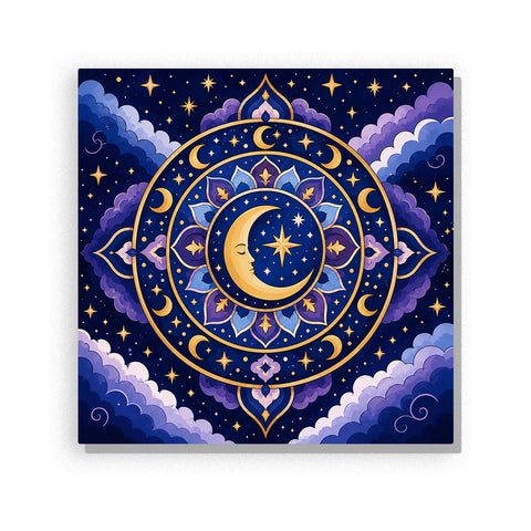 Crescent moon mandala with starry night sky, golden celestial symbols, purple clouds and symmetrical geometric patterns Paint by Numbers artwork by PaintEasy