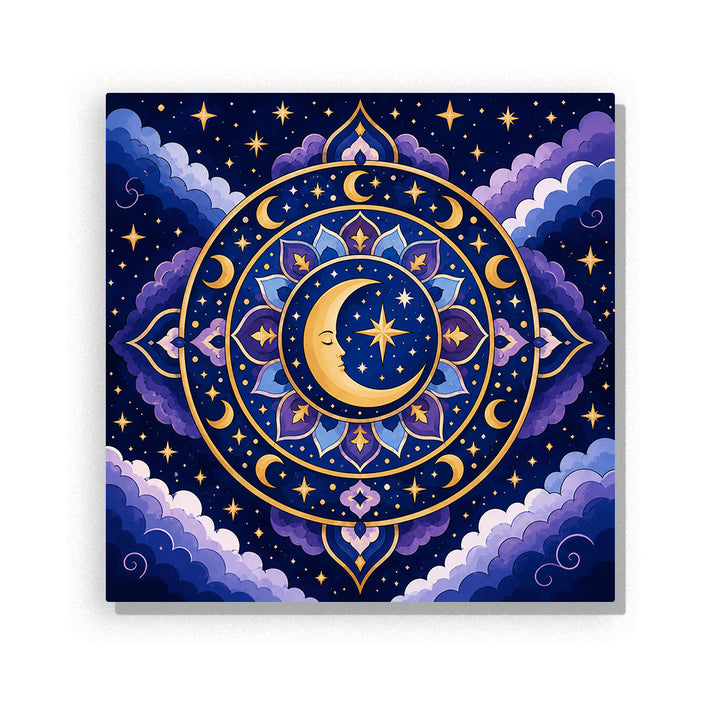 Crescent moon mandala with starry night sky, golden celestial symbols, purple clouds and symmetrical geometric patterns Paint by Numbers artwork by PaintEasy