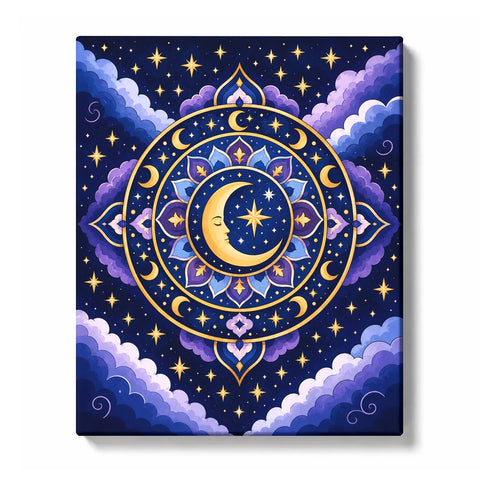 Crescent moon mandala with starry night sky, golden celestial symbols, purple clouds and symmetrical geometric patterns Paint by Numbers artwork by PaintEasy