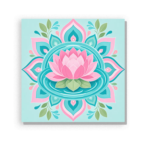 Pink lotus flower with turquoise mandala water pattern, geometric petals and spiritual floral symmetry Paint by Numbers artwork by PaintEasy