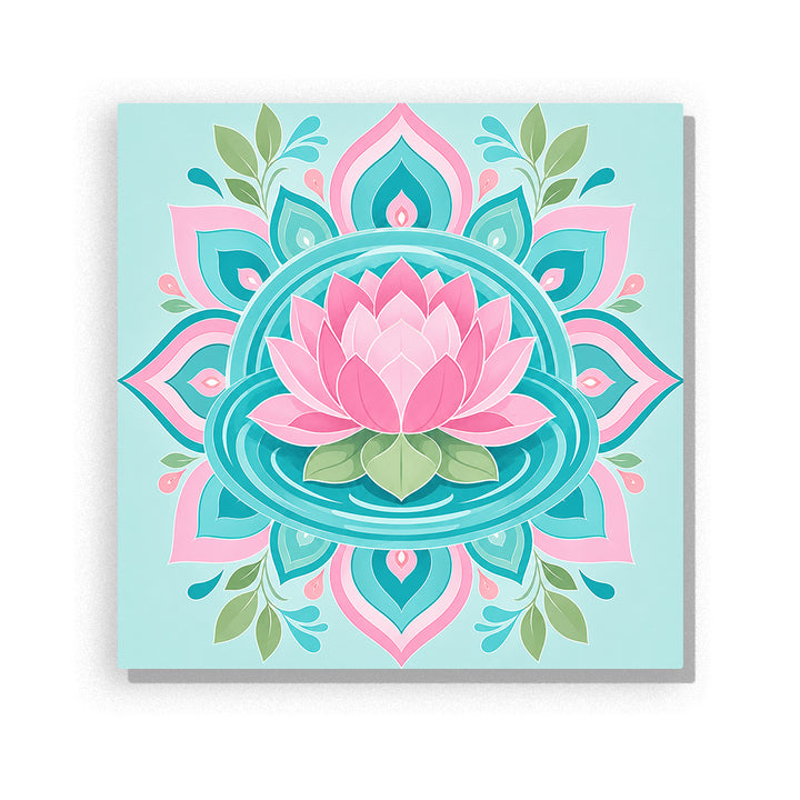 Pink lotus flower with turquoise mandala water pattern, geometric petals and spiritual floral symmetry Paint by Numbers artwork by PaintEasy