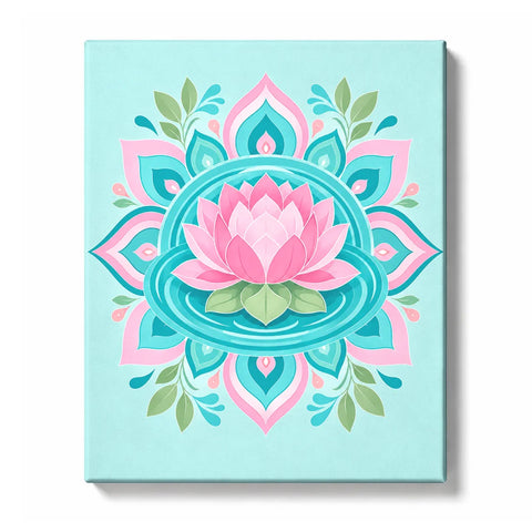 Pink lotus flower with turquoise mandala water pattern, geometric petals and spiritual floral symmetry Paint by Numbers artwork by PaintEasy