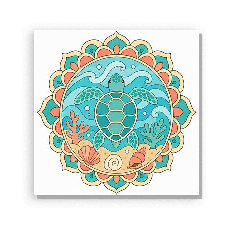 Blue water turtle mandala with ocean waves, seashells, coral, turquoise patterns and symmetrical marine design Paint by Numbers artwork by PaintEasy
