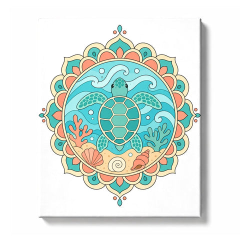 Blue water turtle mandala with ocean waves, seashells, coral, turquoise patterns and symmetrical marine design Paint by Numbers artwork by PaintEasy