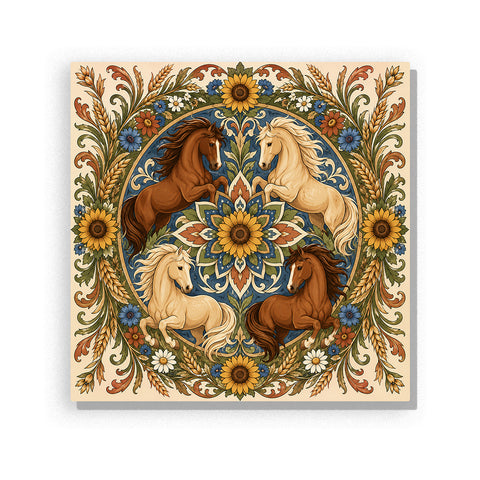 Earth-tone horse mandala with sunflowers, wheat, wildflowers and symmetrical botanical pattern Paint by Numbers artwork by PaintEasy