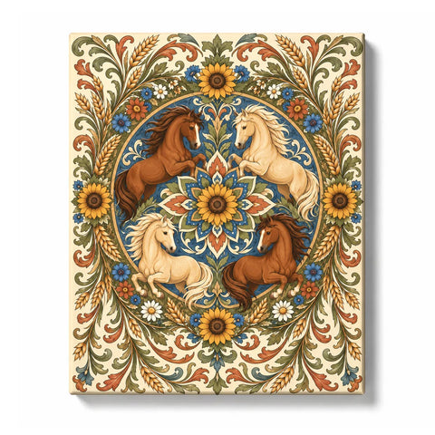 Earth-tone horse mandala with sunflowers, wheat, wildflowers and symmetrical botanical pattern Paint by Numbers artwork by PaintEasy