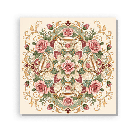 Earth-tone rose tea cup mandala with vintage floral pattern, porcelain cups, blooming roses and symmetrical botanical design Paint by Numbers artwork by PaintEasy