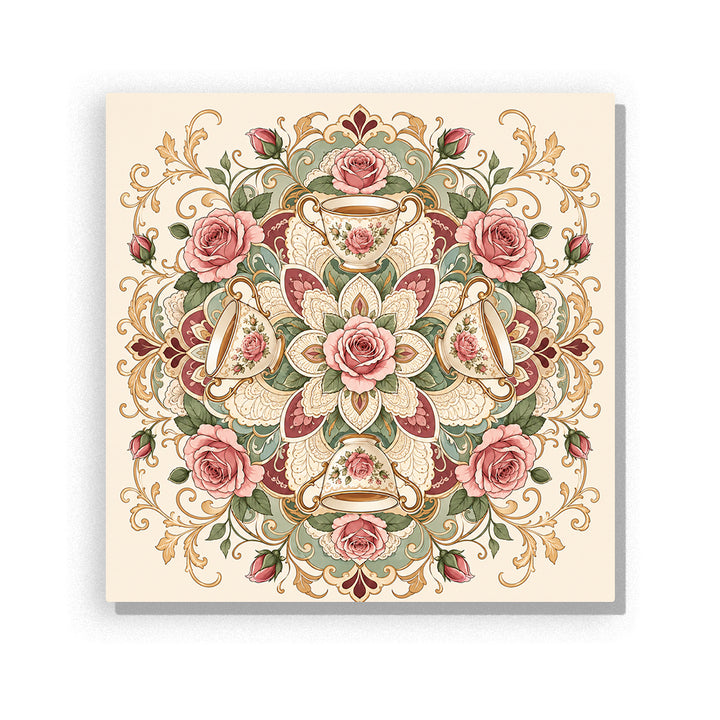 Earth-tone rose tea cup mandala with vintage floral pattern, porcelain cups, blooming roses and symmetrical botanical design Paint by Numbers artwork by PaintEasy