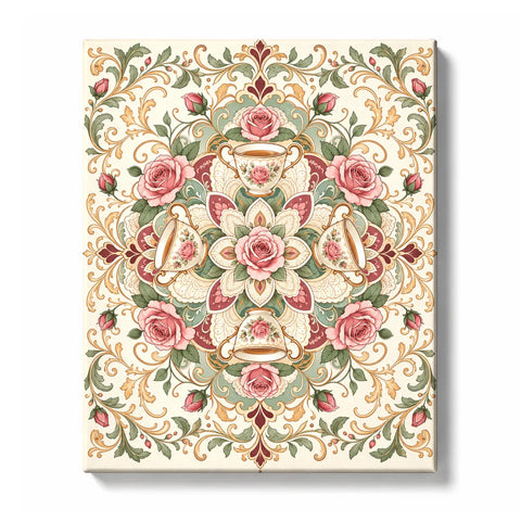 Earth-tone rose tea cup mandala with vintage floral pattern, porcelain cups, blooming roses and symmetrical botanical design Paint by Numbers artwork by PaintEasy