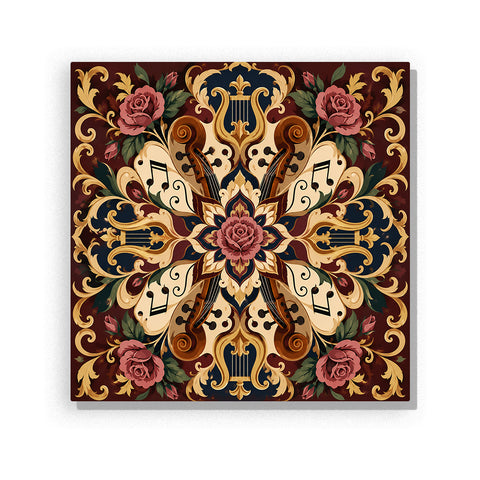 Golden violin rose mandala with musical notes, classical instruments, floral ornaments and symmetrical decorative pattern Paint by Numbers artwork by PaintEasy