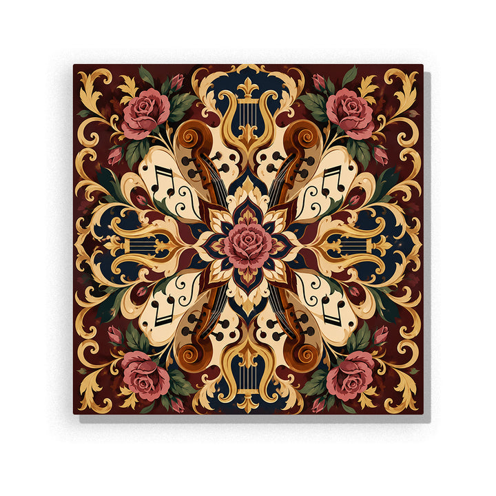 Golden violin rose mandala with musical notes, classical instruments, floral ornaments and symmetrical decorative pattern Paint by Numbers artwork by PaintEasy