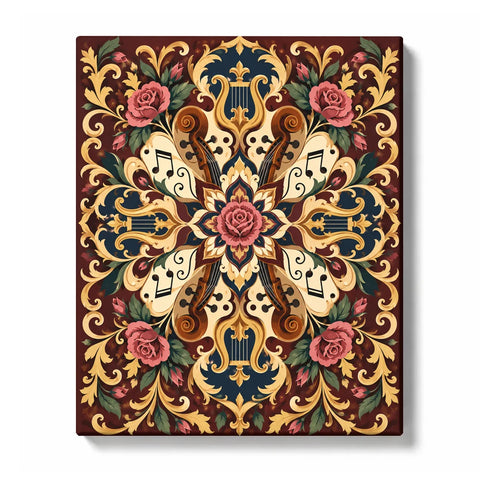 Golden violin rose mandala with musical notes, classical instruments, floral ornaments and symmetrical decorative pattern Paint by Numbers artwork by PaintEasy