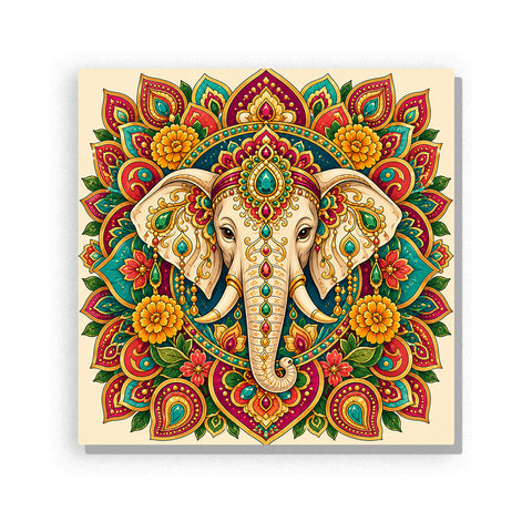 Golden elephant mandala with lotus flowers, gemstone ornaments, Indian decorative patterns and symmetrical spiritual design Paint by Numbers artwork by PaintEasy