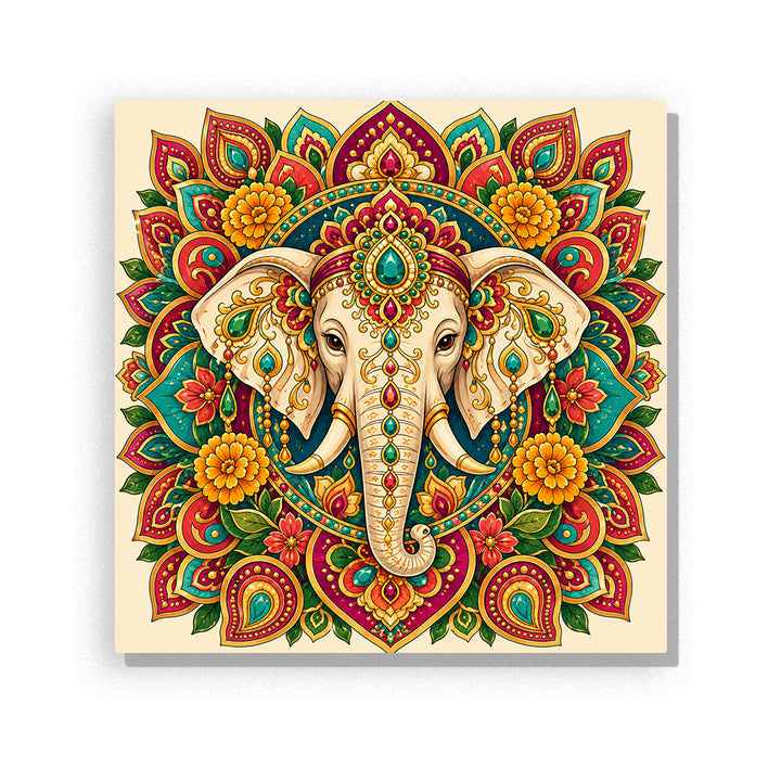 Golden elephant mandala with lotus flowers, gemstone ornaments, Indian decorative patterns and symmetrical spiritual design Paint by Numbers artwork by PaintEasy