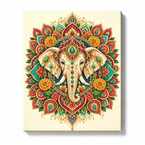 Golden elephant mandala with lotus flowers, gemstone ornaments, Indian decorative patterns and symmetrical spiritual design Paint by Numbers artwork by PaintEasy