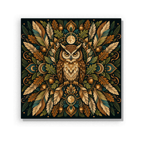 Amber root owl mandala with woodland leaves, moon symbols, feathers, acorns and symmetrical forest pattern Paint by Numbers artwork by PaintEasy